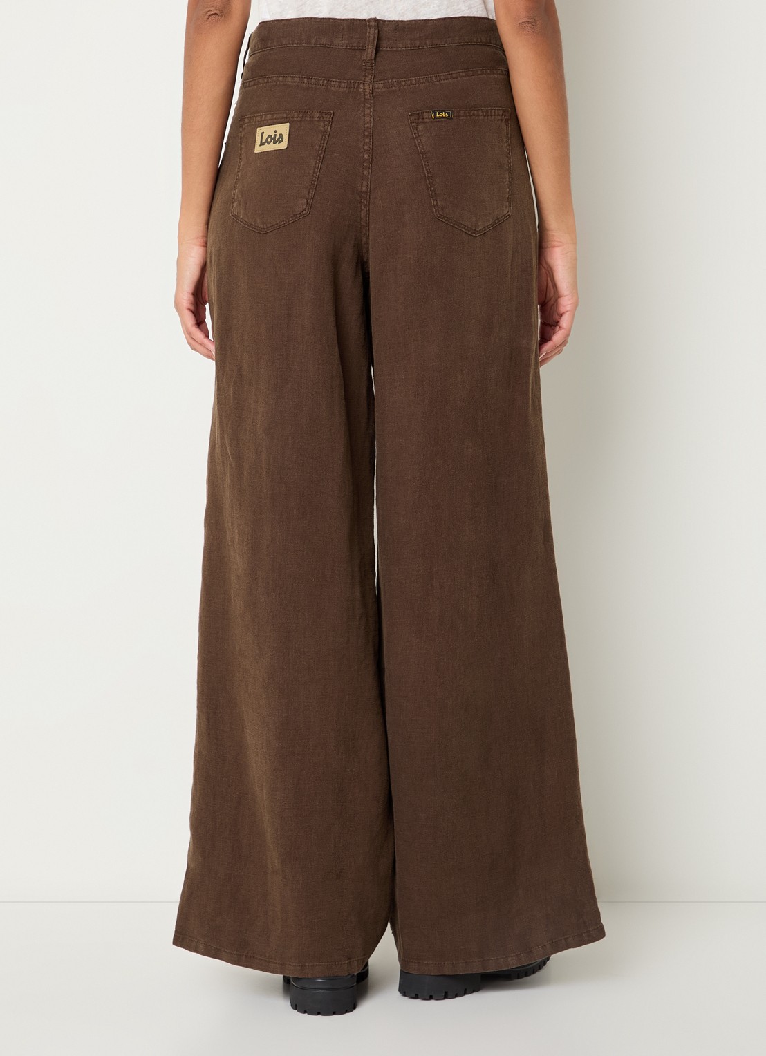 Lois Marlene high waist wide fit broek van linnen met steekzakken - achterkant donkerbruin