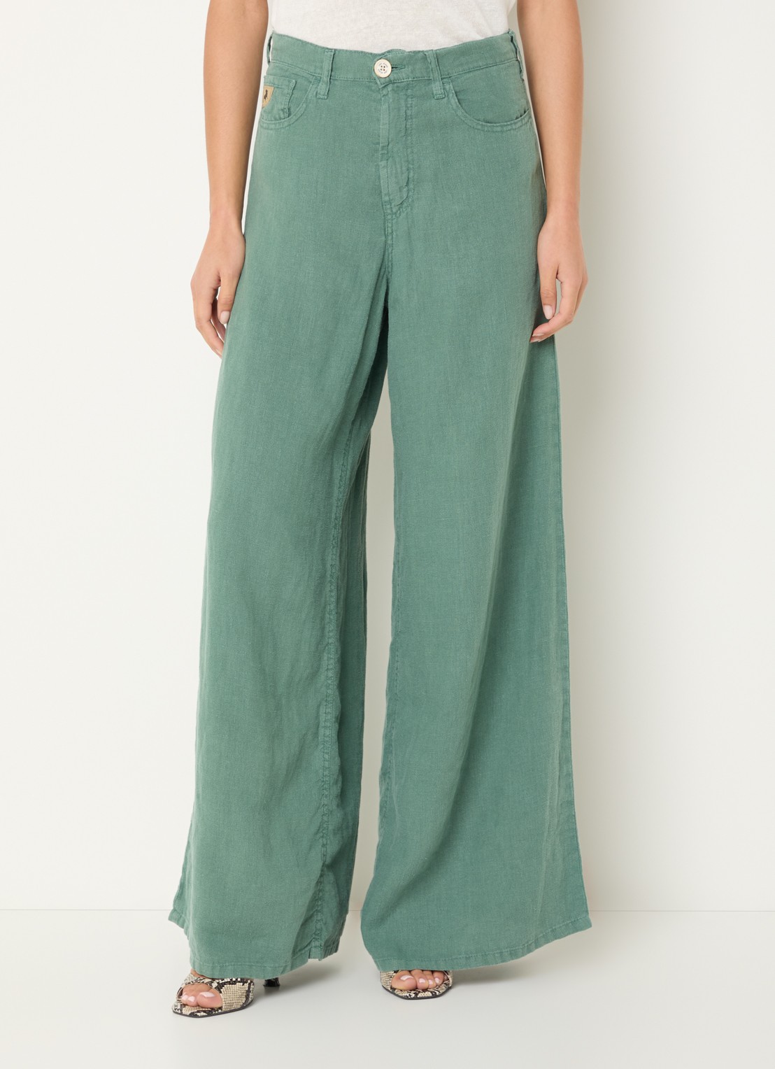 Lois Marlene high waist wide fit broek van linnen met steekzakken - detail 4 zeegroen