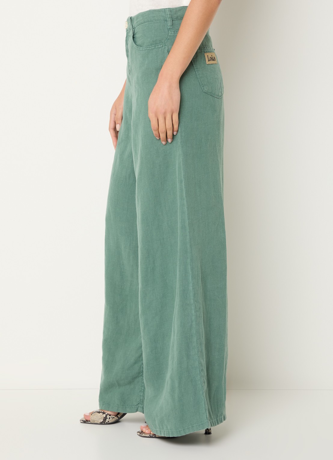 Lois Marlene high waist wide fit broek van linnen met steekzakken - detail 5 zeegroen