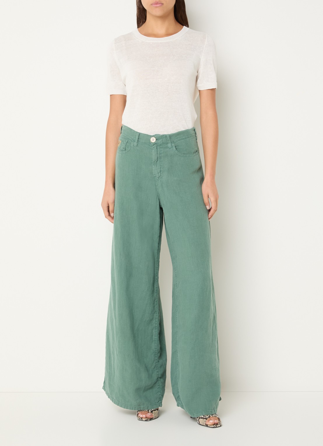 Lois Marlene high waist wide fit broek van linnen met steekzakken - voorkant 3 zeegroen