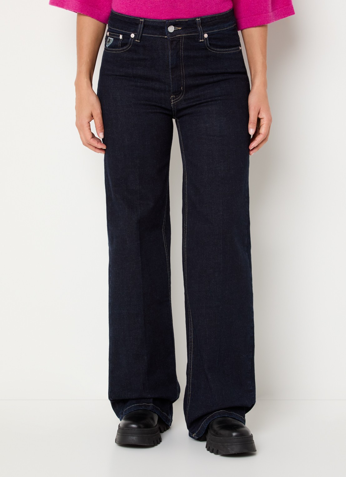Lois Palazzo high waist flared fit jeans met donkere wassing - detail donkerblauw