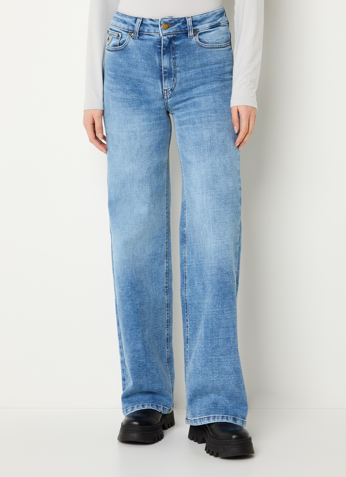 Lois Palazzo high waist flared fit jeans met medium wassing - detail indigo
