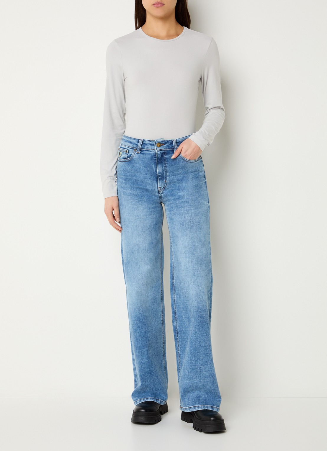 Lois Palazzo high waist flared fit jeans met medium wassing - voorkant 4 indigo