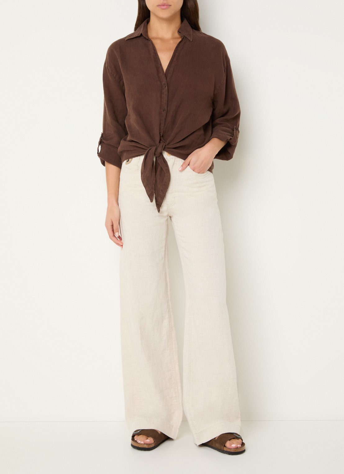 Lois Rosa-R high waist loose fit pantalon in linnenblend - voorkant 5 beige