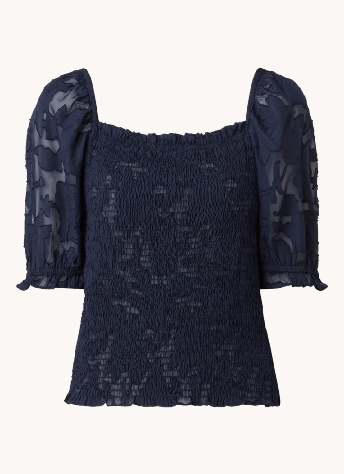 Lollys Laundry Honey top met smockwerk en burn-out dessin - voorkant donkerblauw
