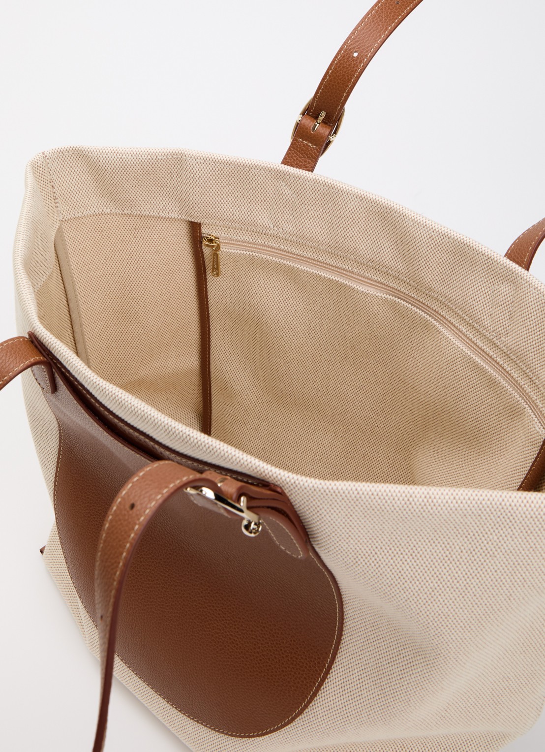 Longchamp Complice shopper XL van canvas met leren details - detail cognac