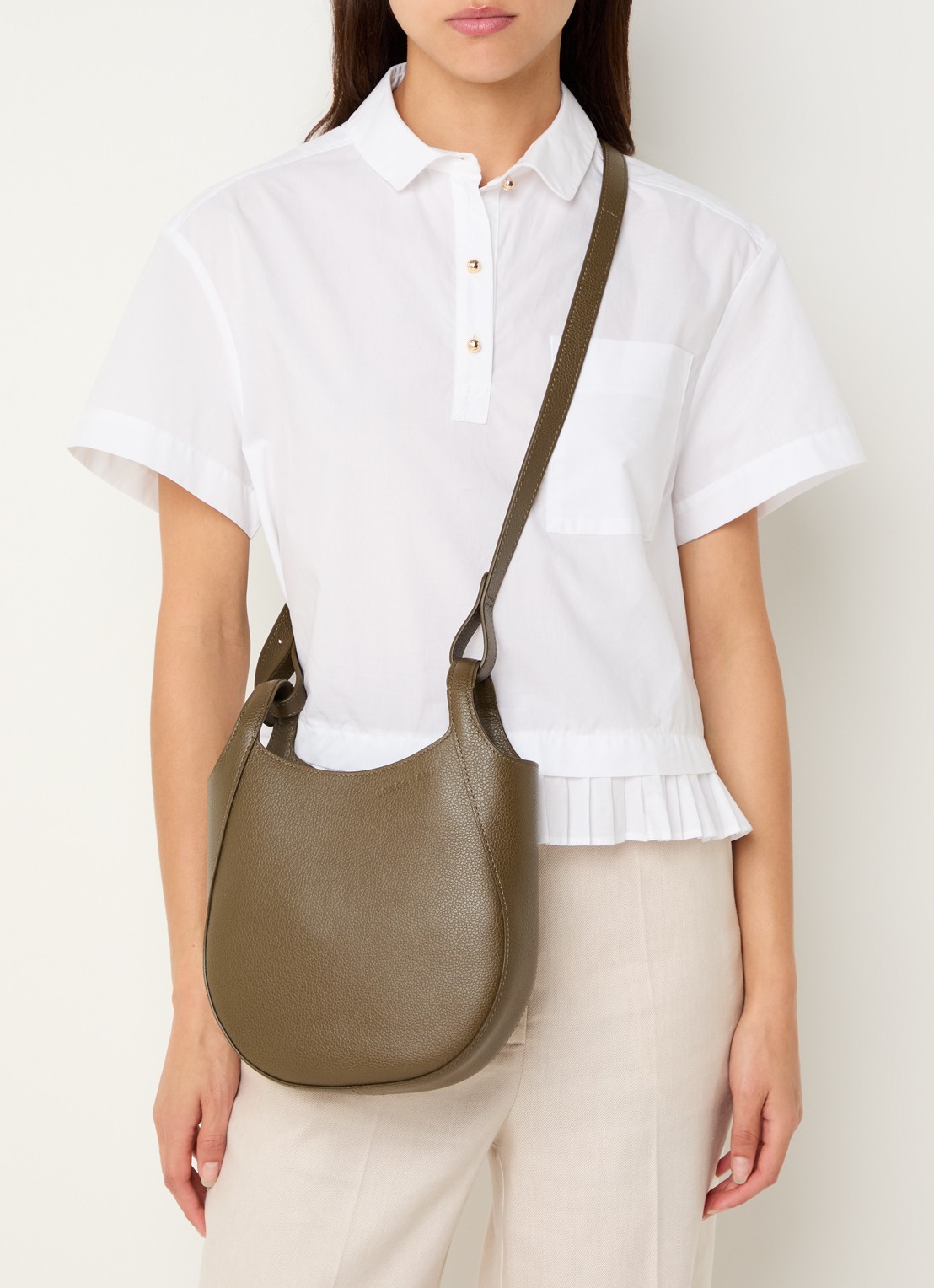 Longchamp Le Foulonné crossbodytas S van leer - voorkant 6 olijfgroen