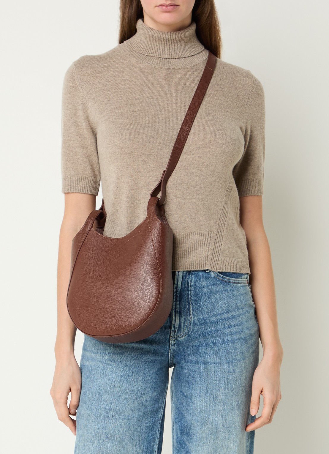 Longchamp Le Foulonné crossbodytas S van leer - voorkant 2 donkerbruin