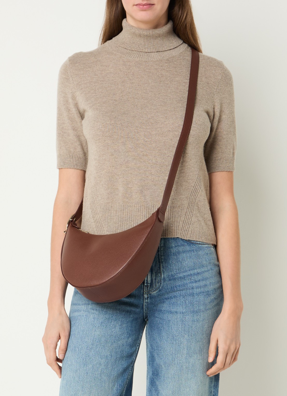 Longchamp Le Foulonné crossbodytas S van leer - voorkant 3 donkerbruin