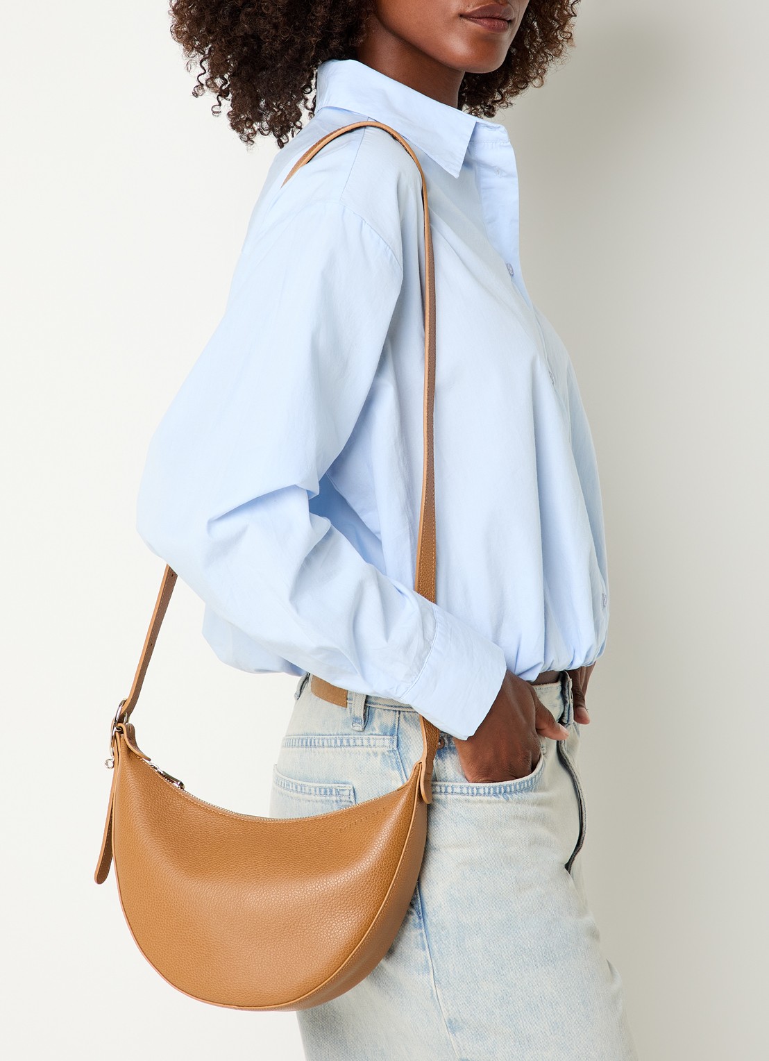 Longchamp Le Foulonné crossbodytas S van leer - voorkant 3 cognac