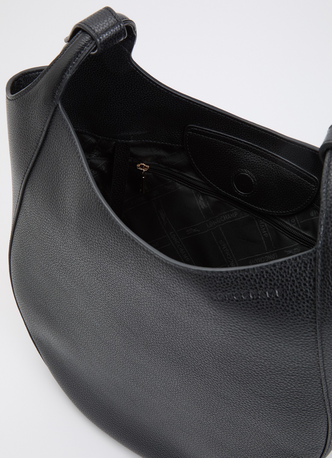 Longchamp Le Foulonné schoudertas L van leer - detail zwart