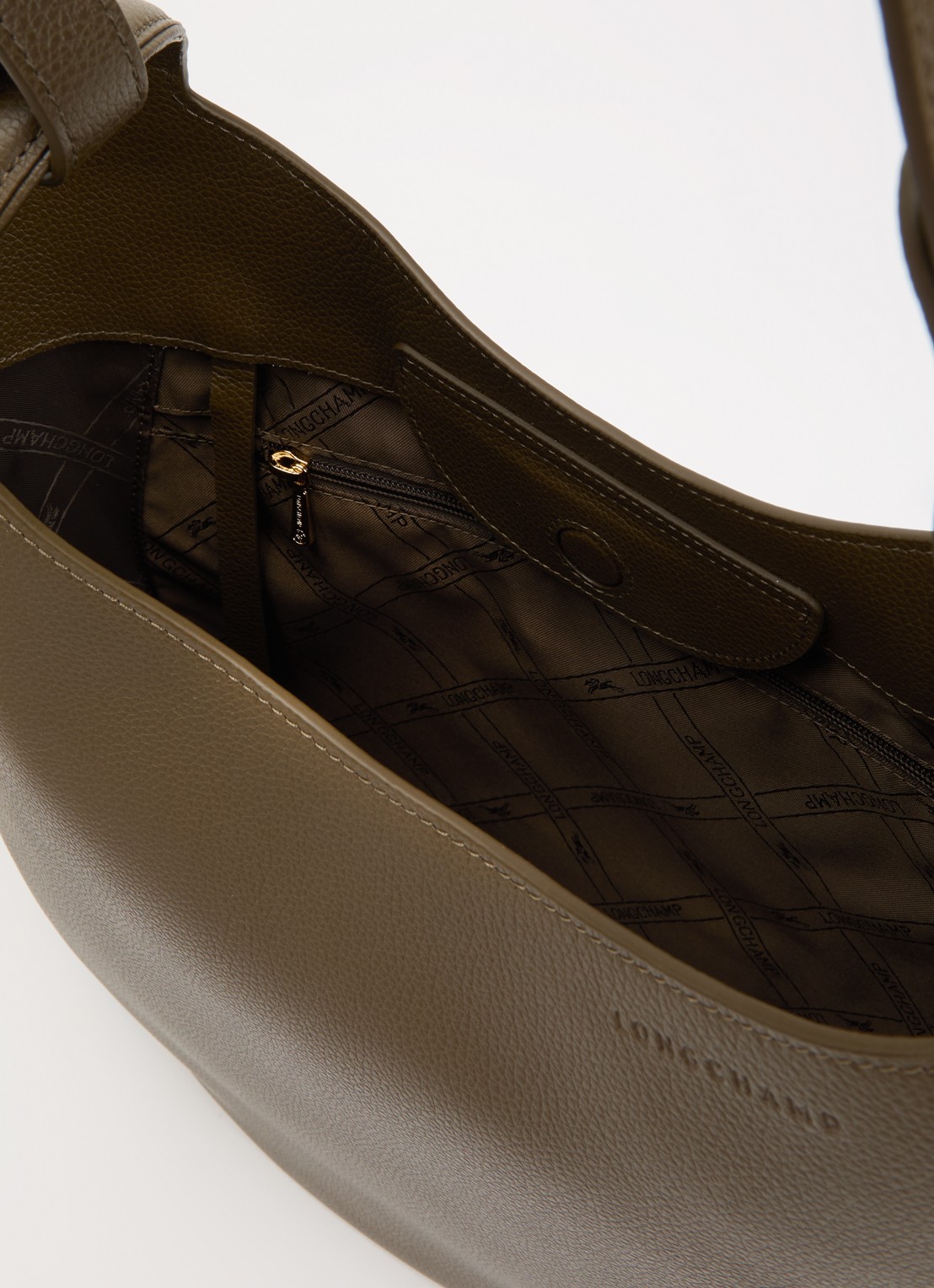 Longchamp Le Foulonné schoudertas L van leer - detail bronsgroen