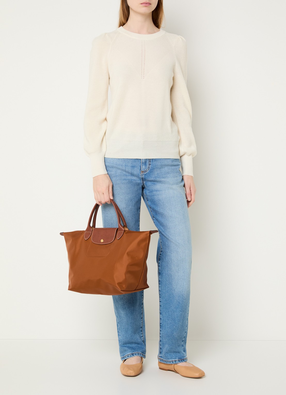 Longchamp Le Pilage Original handtas M met leren details - voorkant 7 cognac