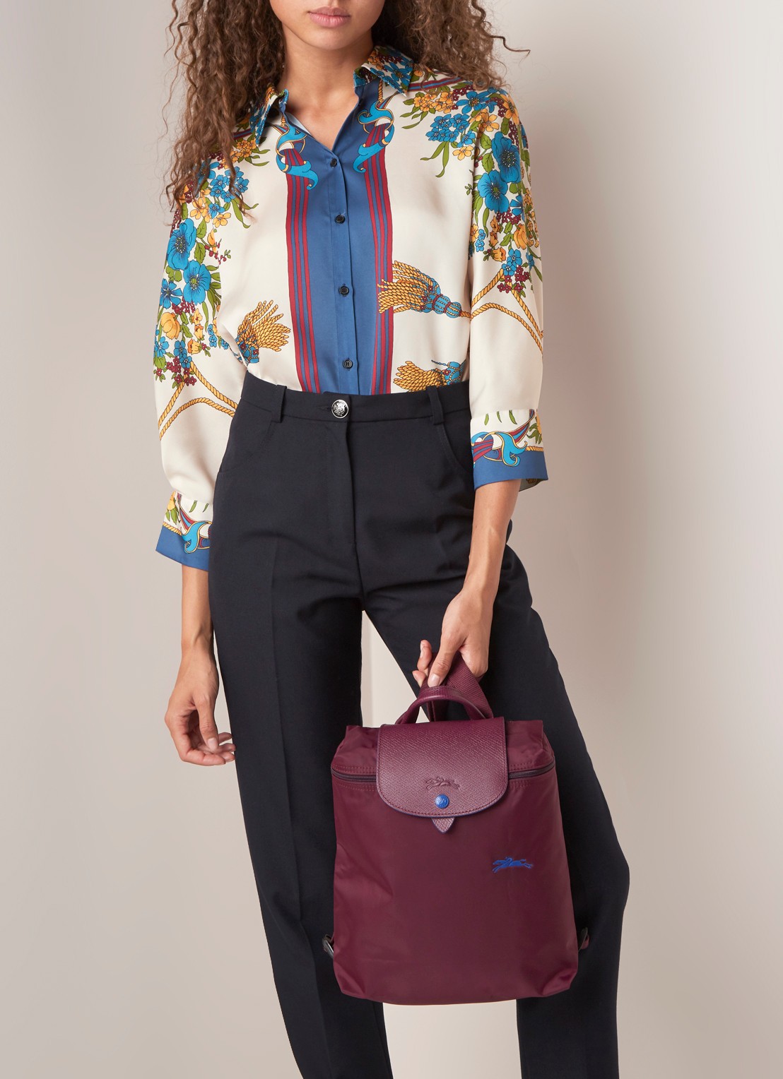 Longchamp Le Pliage Club rugzak met leren details - voorkant 5 aubergine