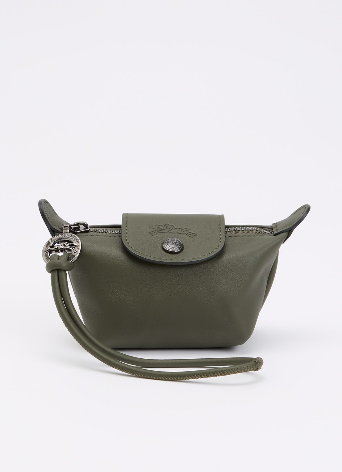 Longchamp Le Pliage clutch XS van leer - voorkant olijfgroen