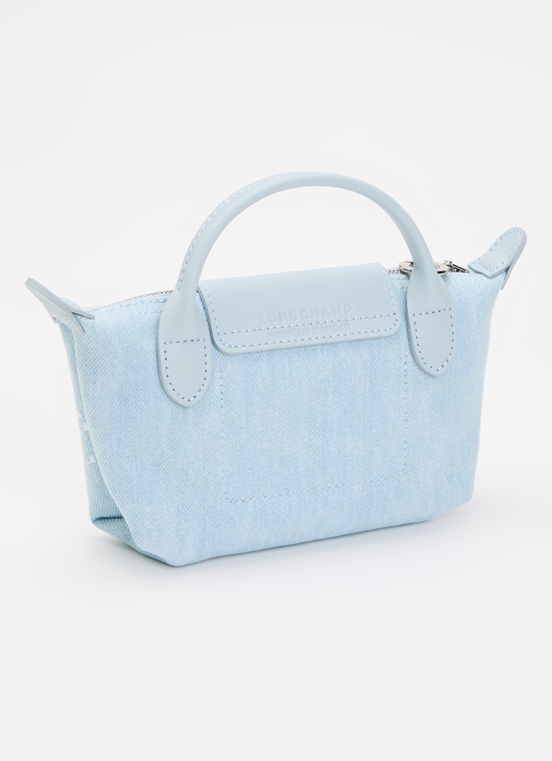 Longchamp Le Pliage Collection clutch XS van denim met bloemborduring - achterkant 2 lichtblauw