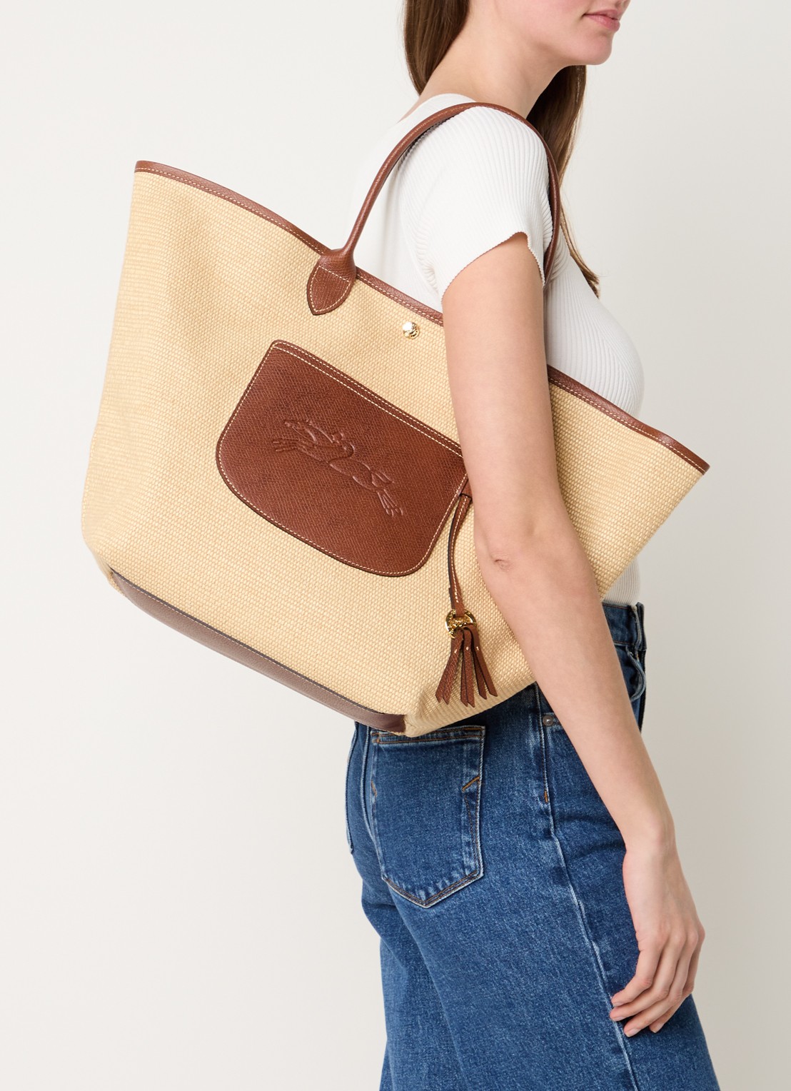 Longchamp Le Pliage Collection handtas L van canvas met leren details - voorkant 4 beige