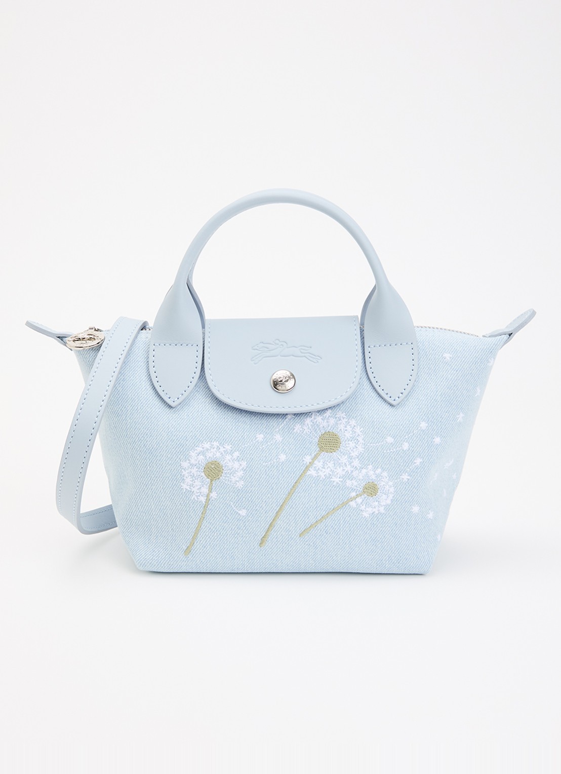 Longchamp Le Pliage collection xs handtas met borduring en details van leer  - voorkant 5 lichtblauw