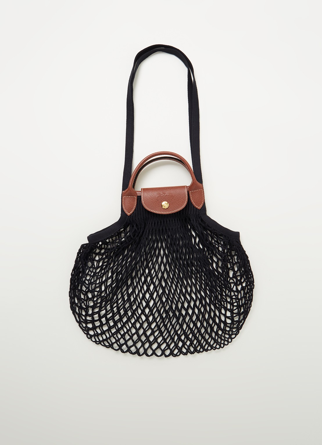 Longchamp Le Pliage Filet handtas met leren details - voorkant 2 zwart
