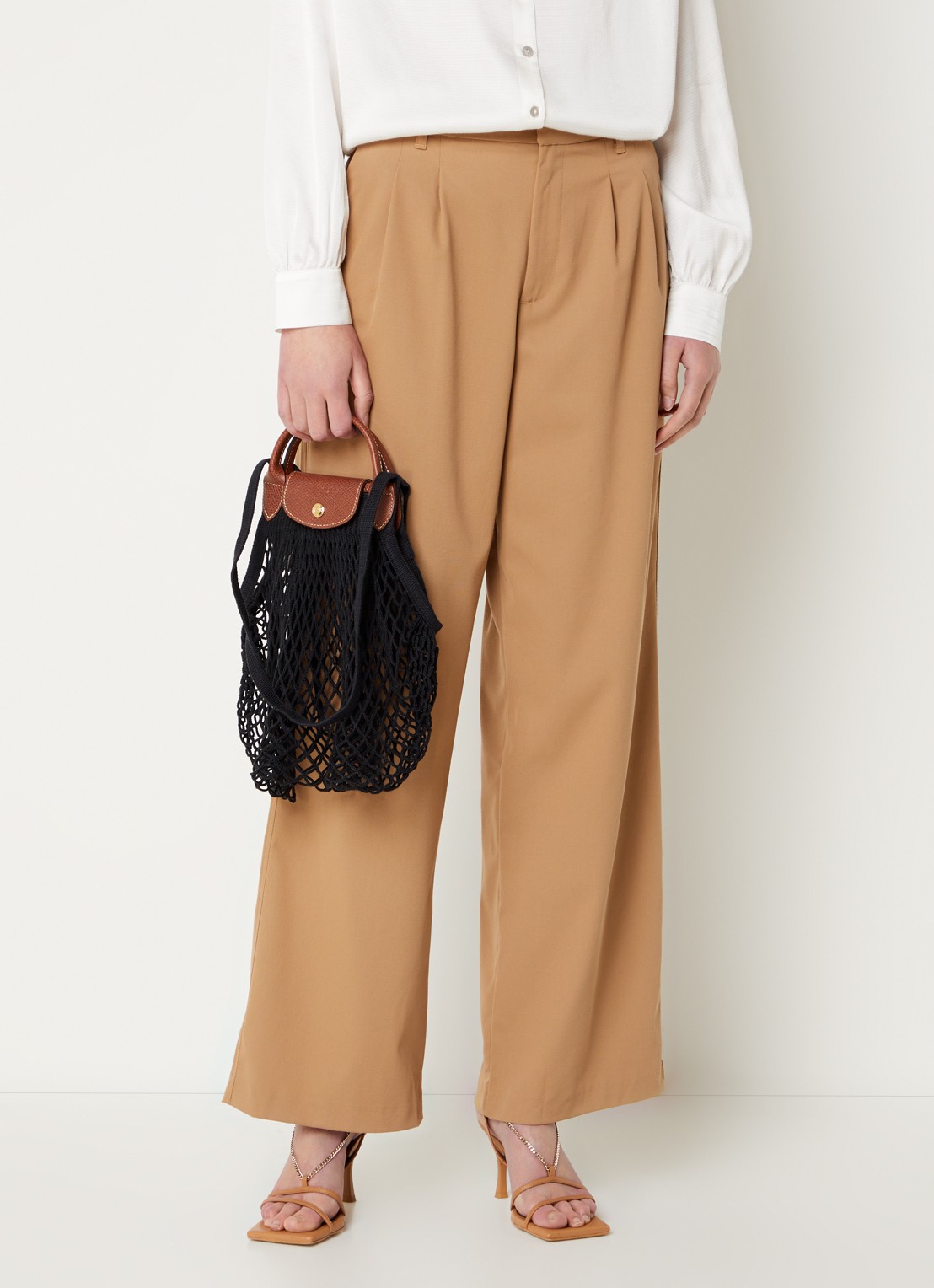 Longchamp Le Pliage Filet handtas met leren details - voorkant 3 zwart