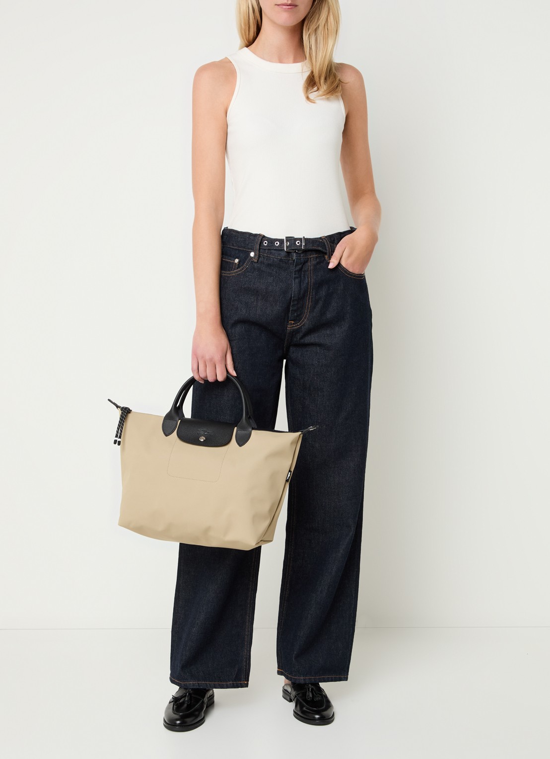 Longchamp Le Pliage Green handtas M met leren details - voorkant 4 beige