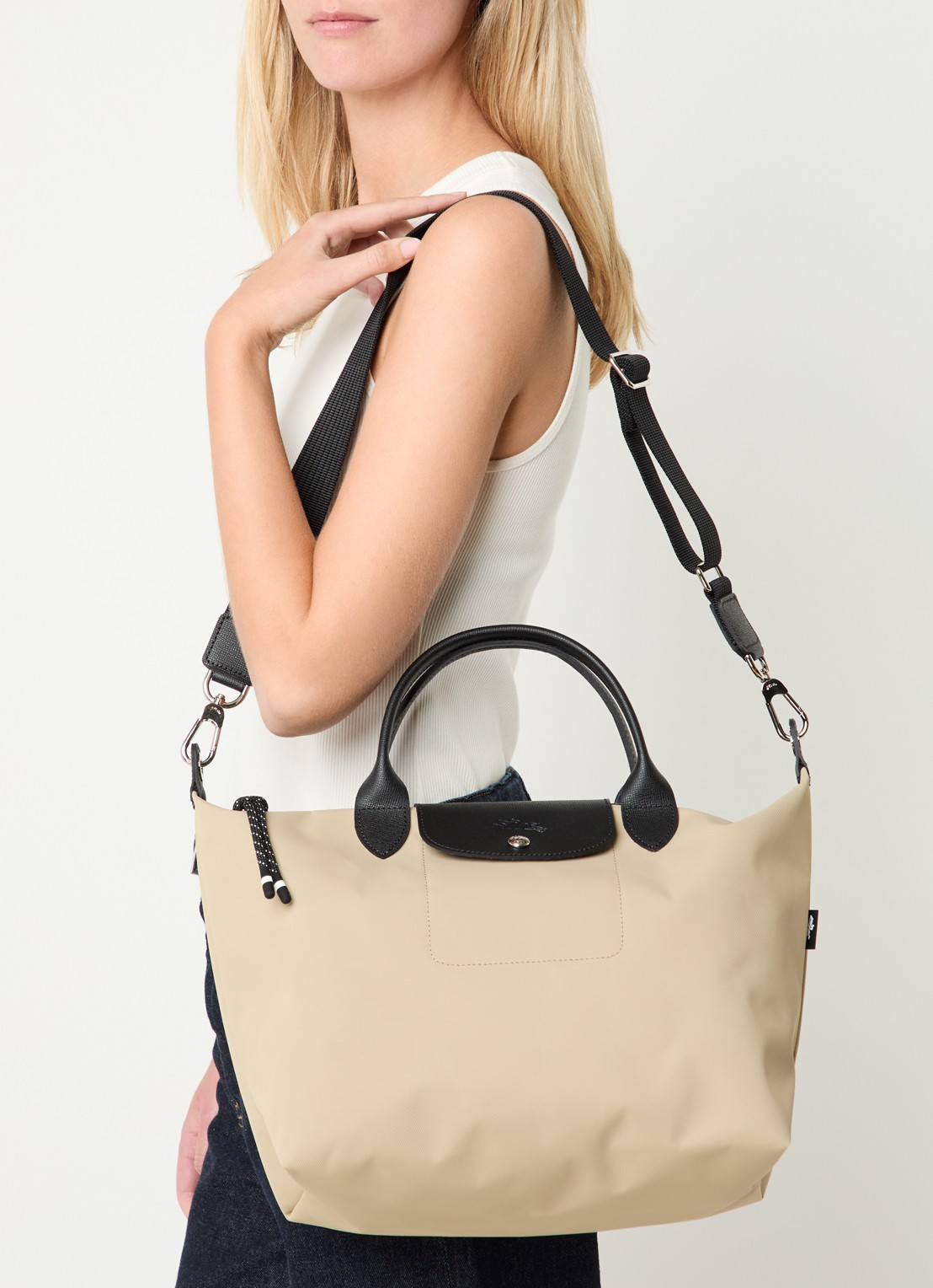 Longchamp Le Pliage Green handtas M met leren details - voorkant 5 beige
