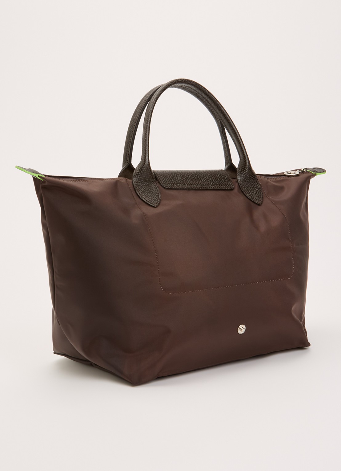 Longchamp Le Pliage Green handtas M met leren details - achterkant 7 donkerbruin