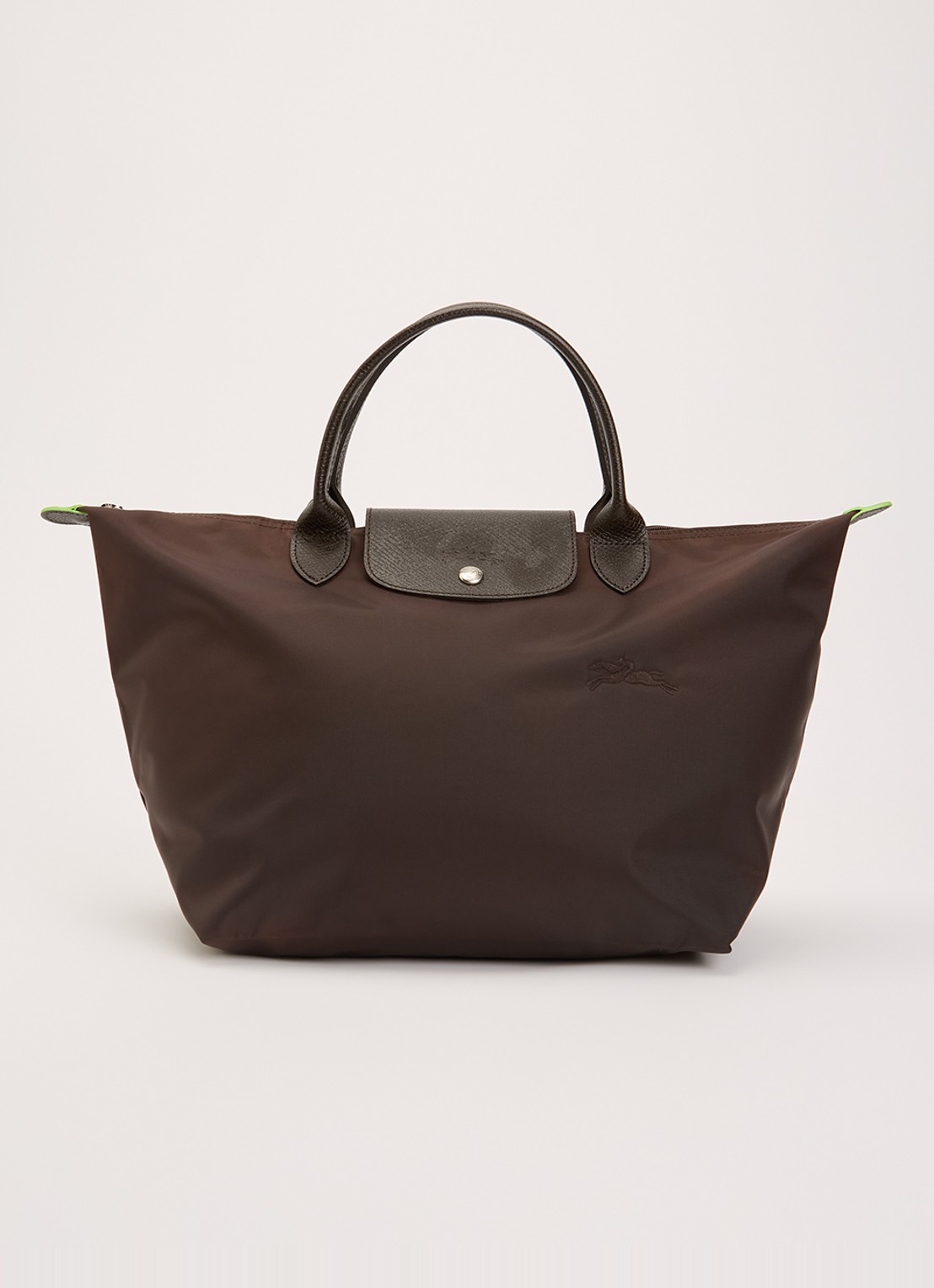 Longchamp Le Pliage Green handtas M met leren details - voorkant 5 donkerbruin