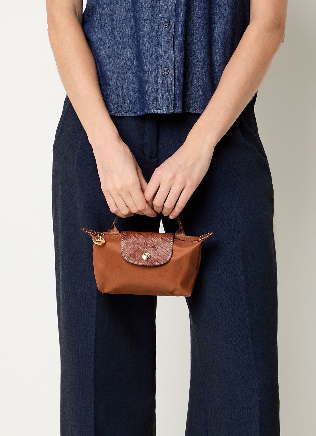 Longchamp Le Pliage Green handtas met leren details - voorkant 5 cognac