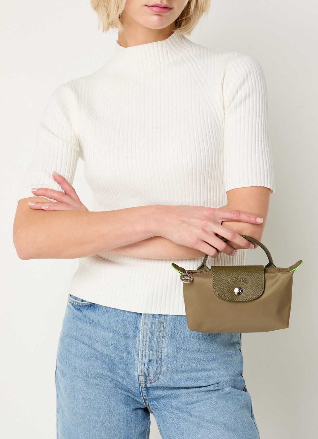 Longchamp Le Pliage Green handtas met leren details - voorkant 2 lichtbruin
