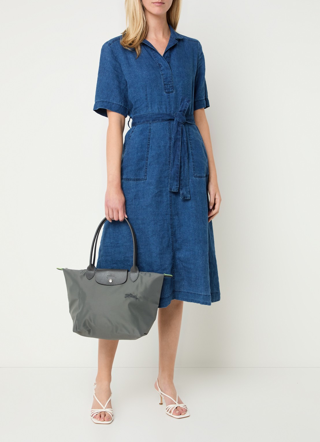 Longchamp Le Pliage Green schoudertas M met leren details - voorkant 2 donkergrijs