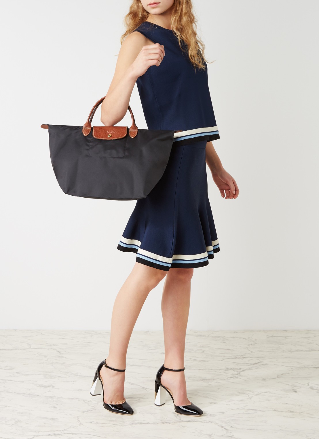 Longchamp Le Pliage handtas M met leren details - voorkant 2 zwart