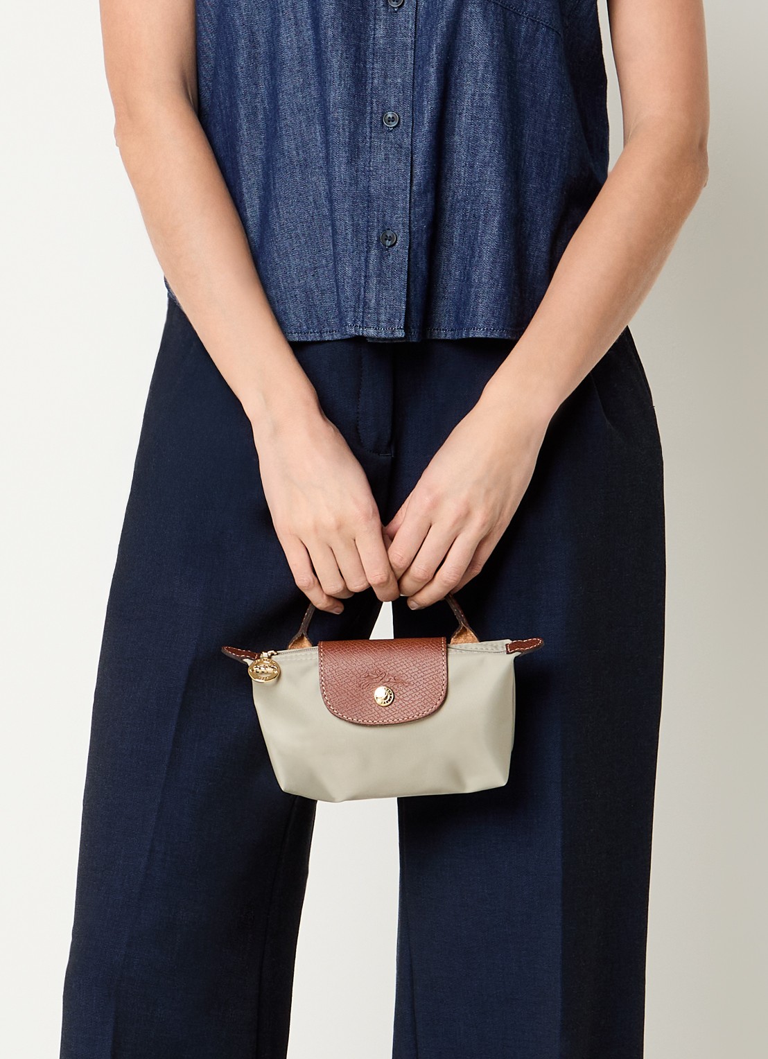 Longchamp Le Pliage handtas met leren details - voorkant 3 grijs