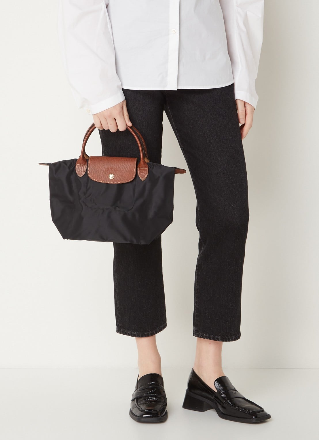 Longchamp Le Pliage handtas S met leren details - voorkant 3 zwart