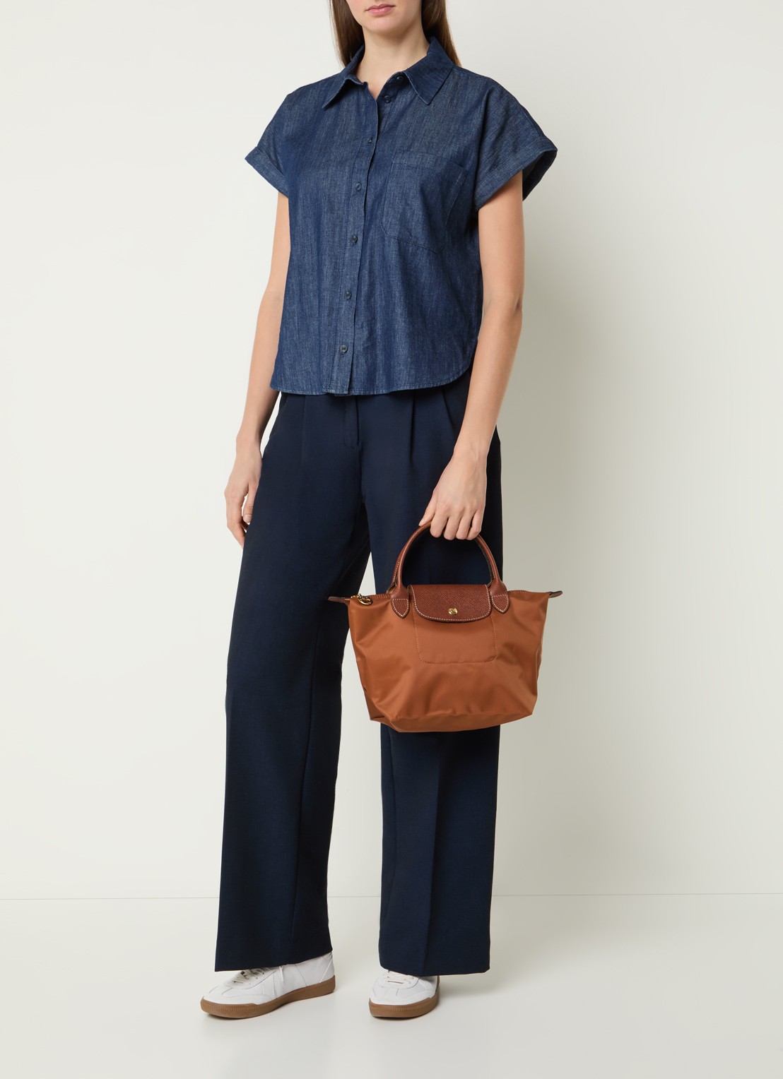 Longchamp Le Pliage handtas S met leren details - voorkant 7 cognac