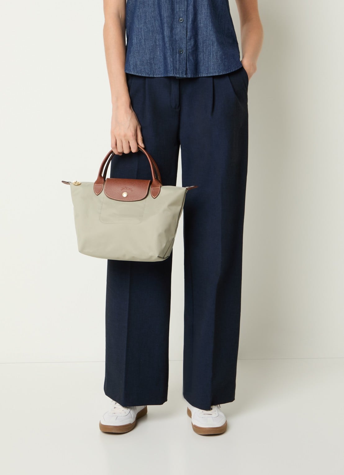 Longchamp Le Pliage handtas S met leren details - voorkant 7 donkergrijs