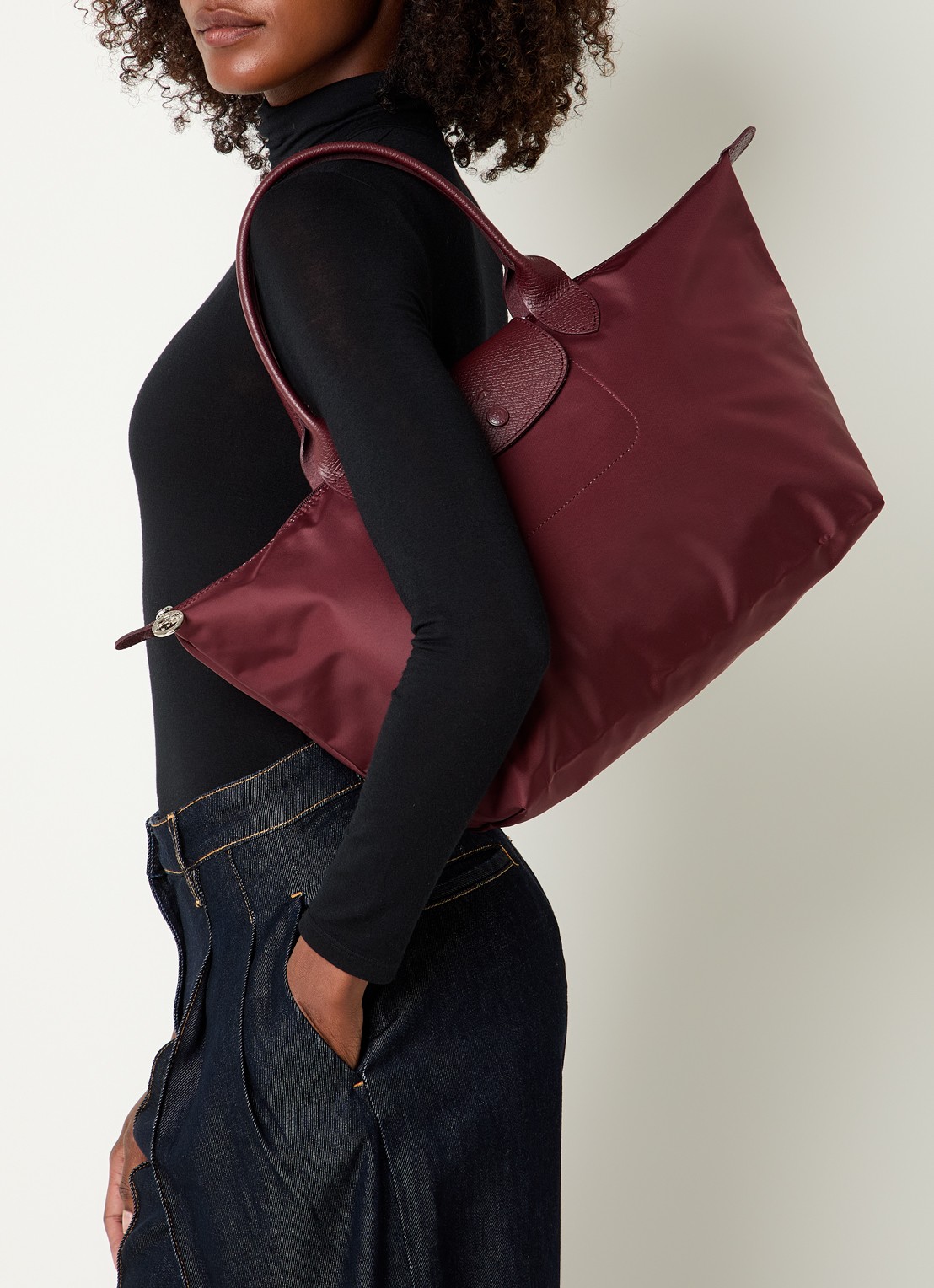 Longchamp Le Pliage One handtas L met leren details - voorkant 2 aubergine