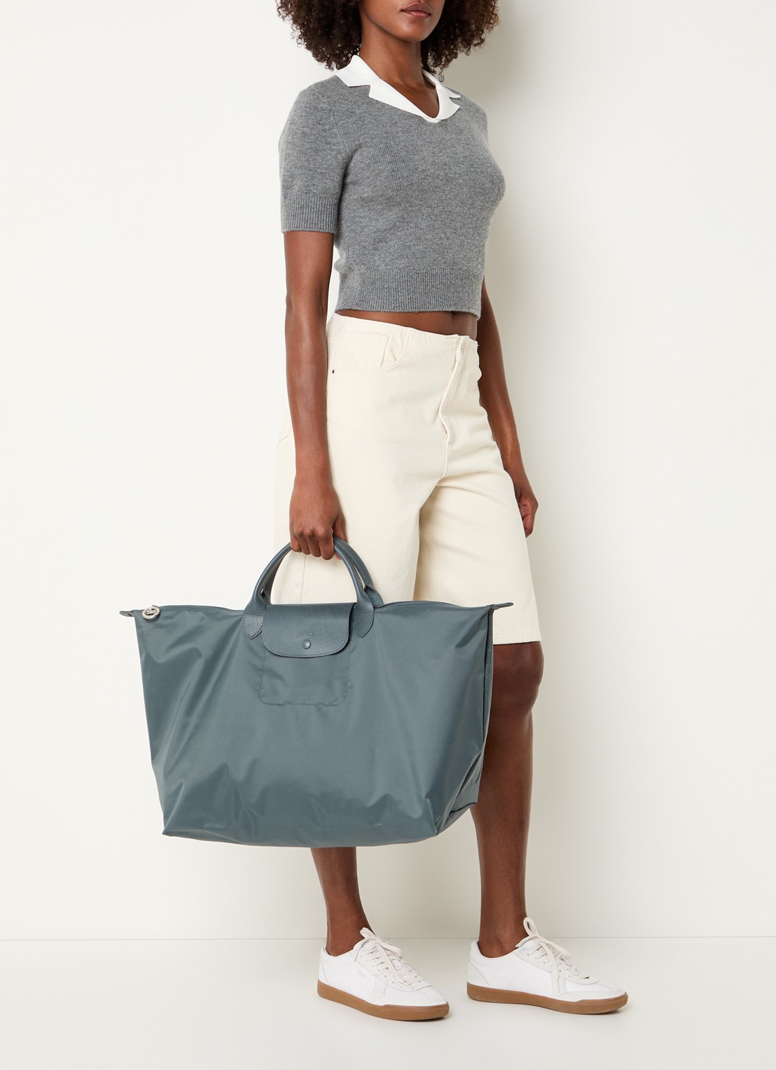 Longchamp Le Pliage One reistas L met leren details - voorkant 3 staalblauw