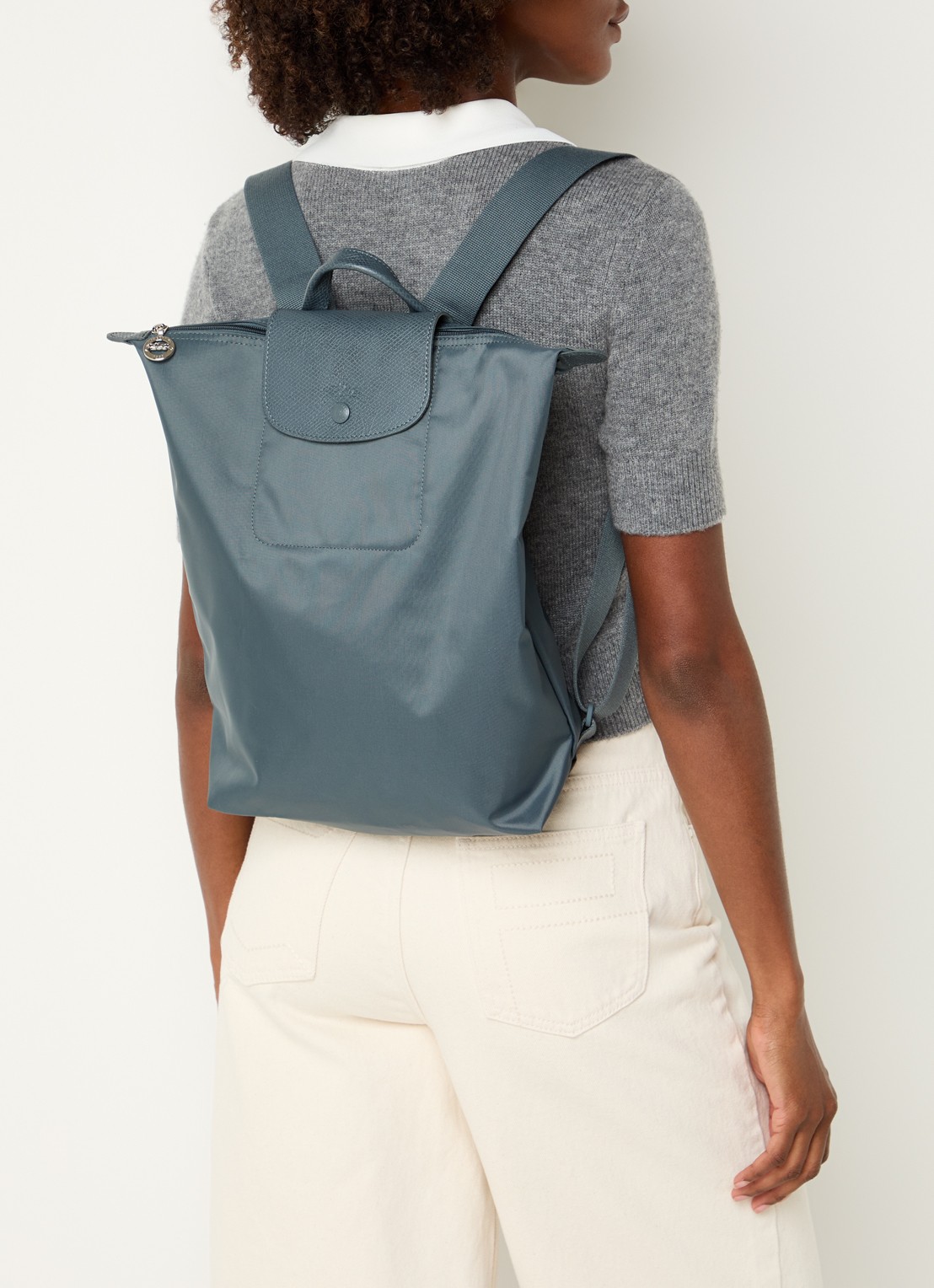 Longchamp Le Pliage One rugzak M met leren details - voorkant 3 staalblauw