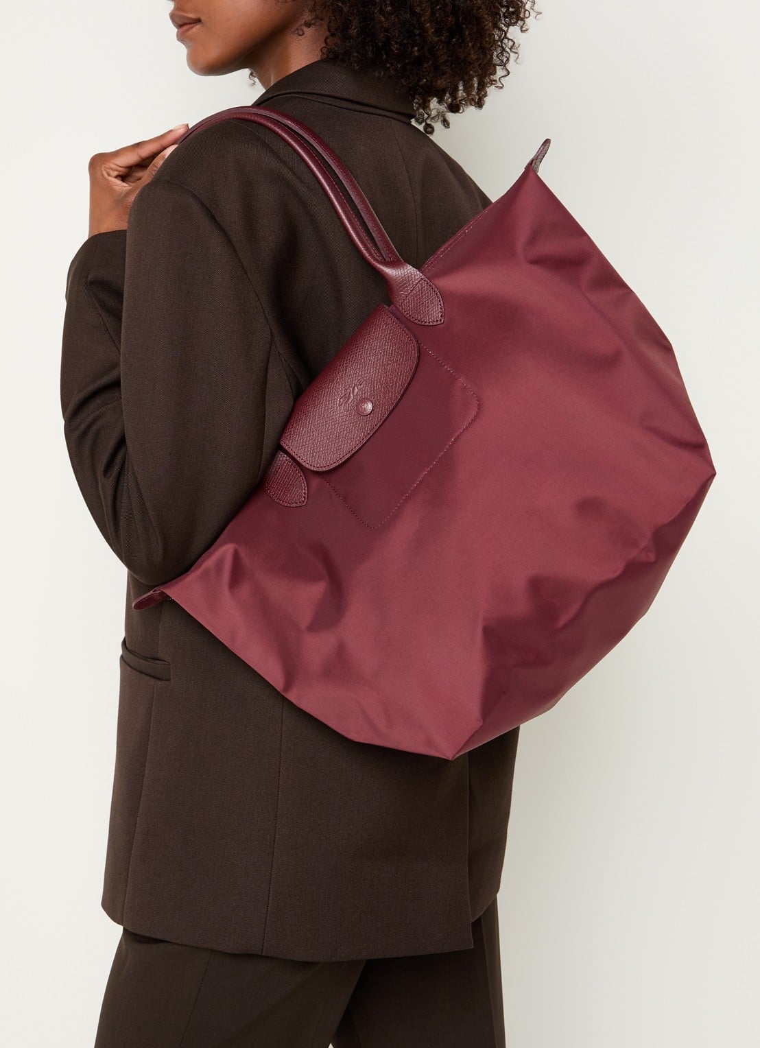 Longchamp Le Pliage One schoudertas L met leren details - voorkant 3 bordeauxrood