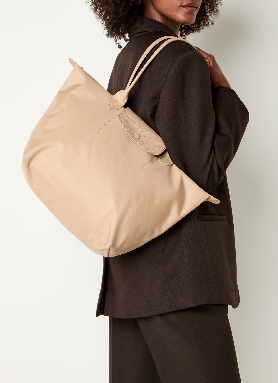 Longchamp Le Pliage One schoudertas L met leren details - voorkant 2 beige