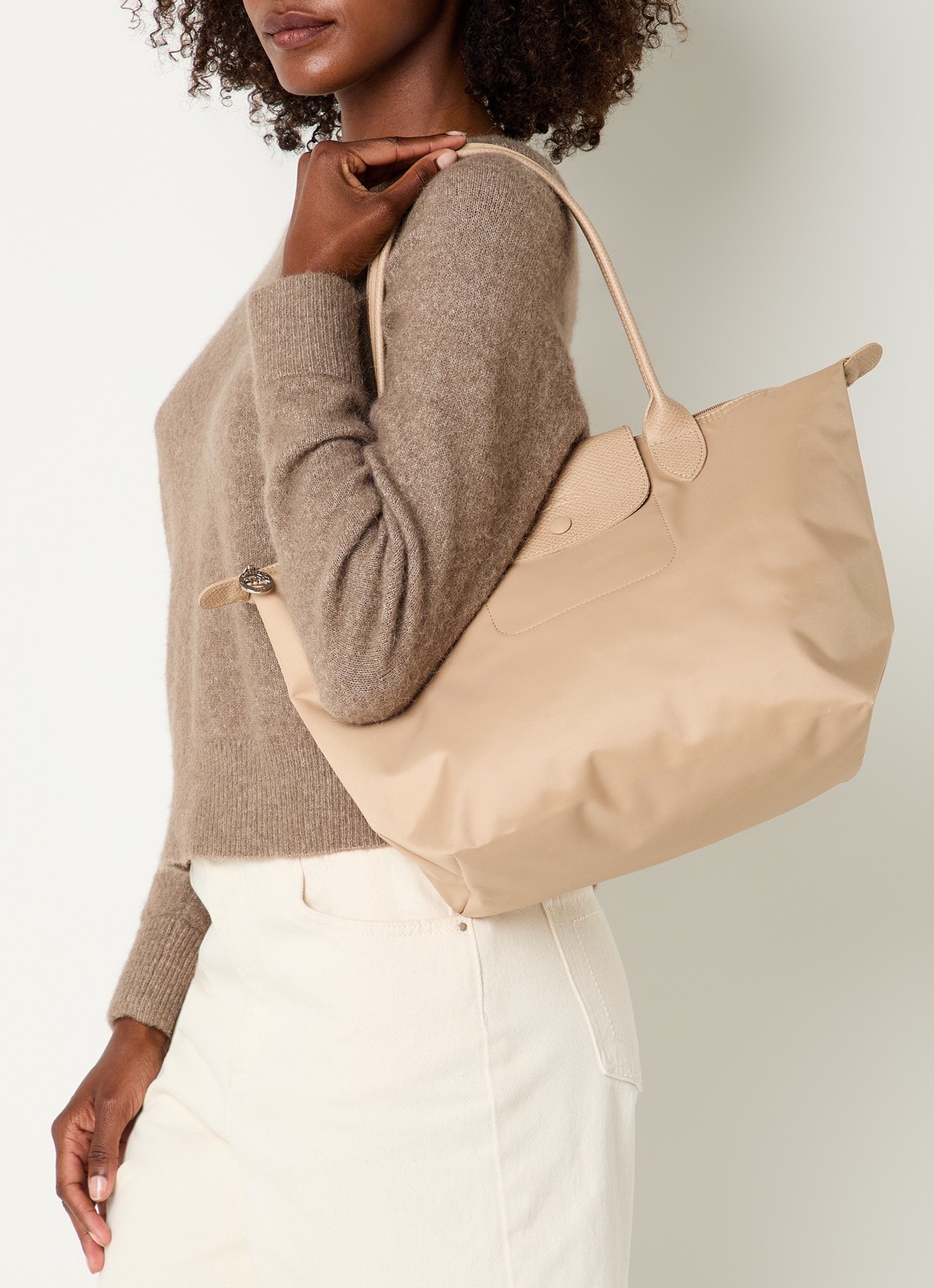Longchamp Le pliage One schoudertas M met details van leer - voorkant 6 beige