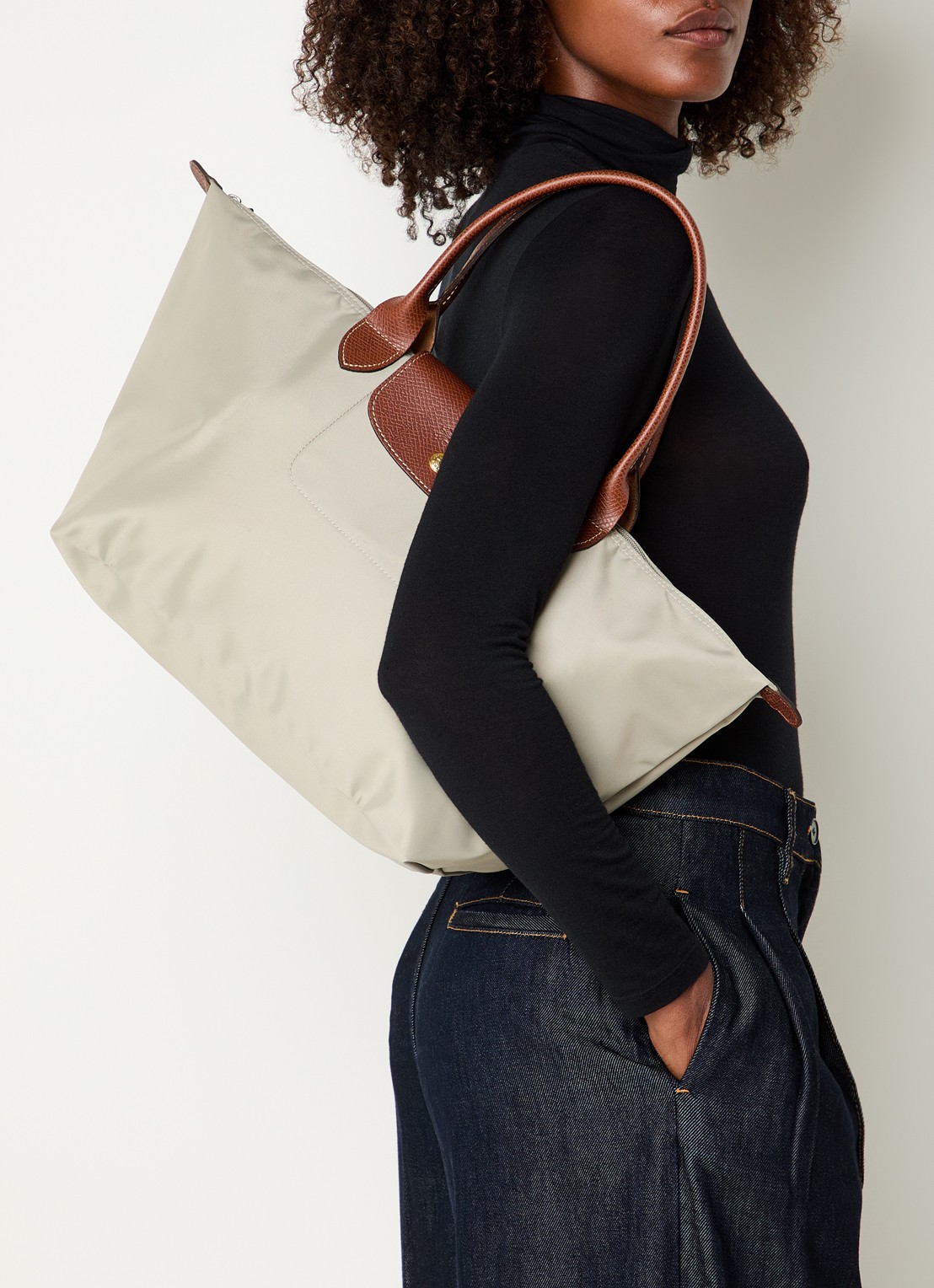 Longchamp Le Pliage Original handtas L met leren details - voorkant 7 taupe