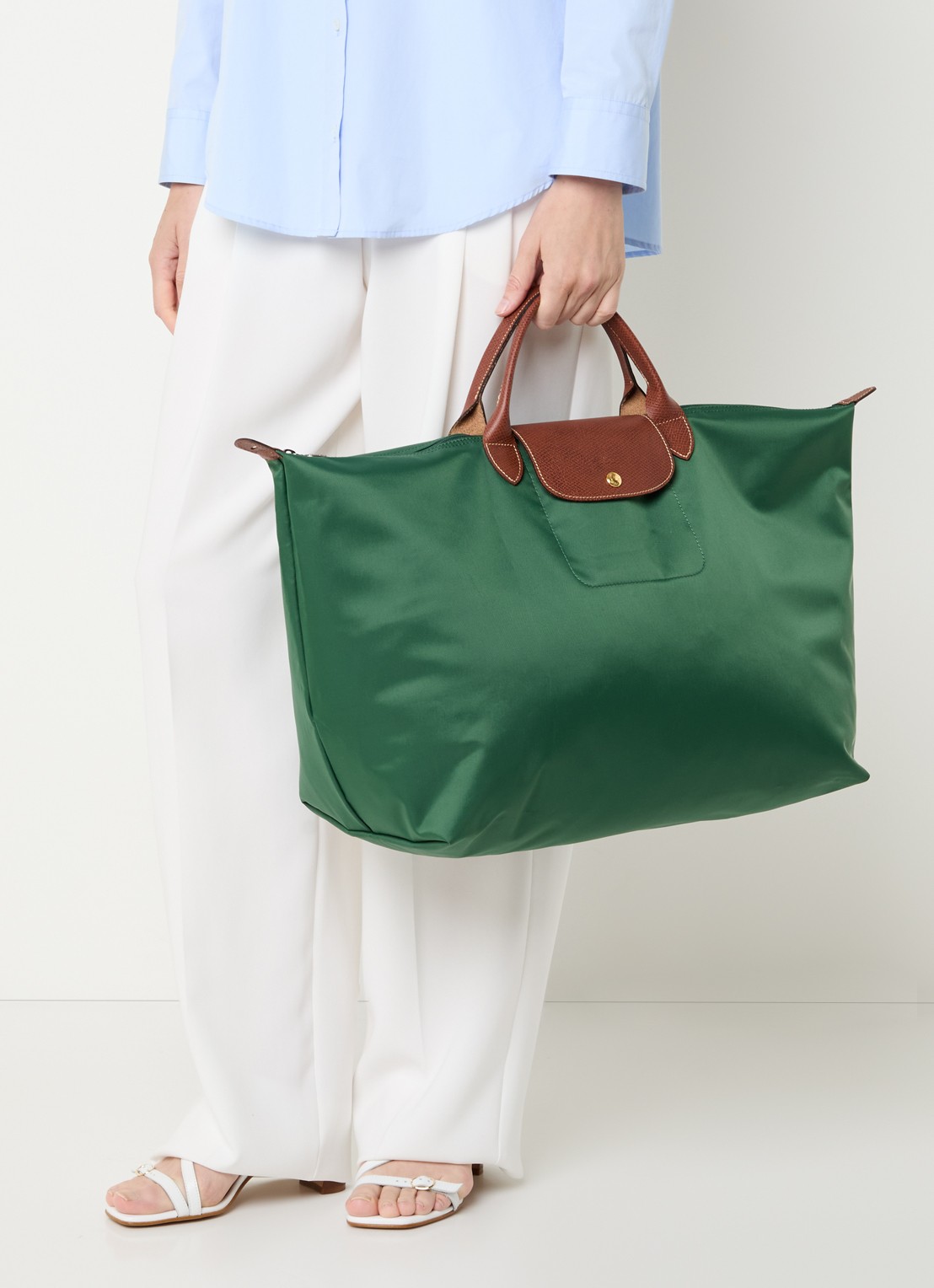 Longchamp Le Pliage Original reistas L met leren details - voorkant 2 groen