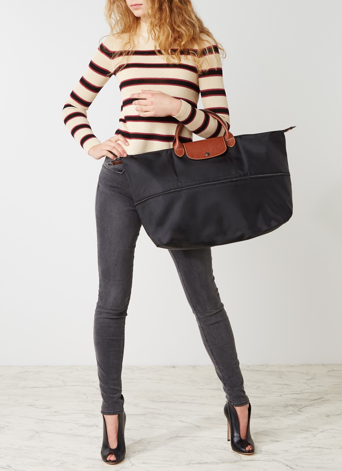 Longchamp Le Pliage Original reistas vergrootbaar met leren details - voorkant 6 zwart