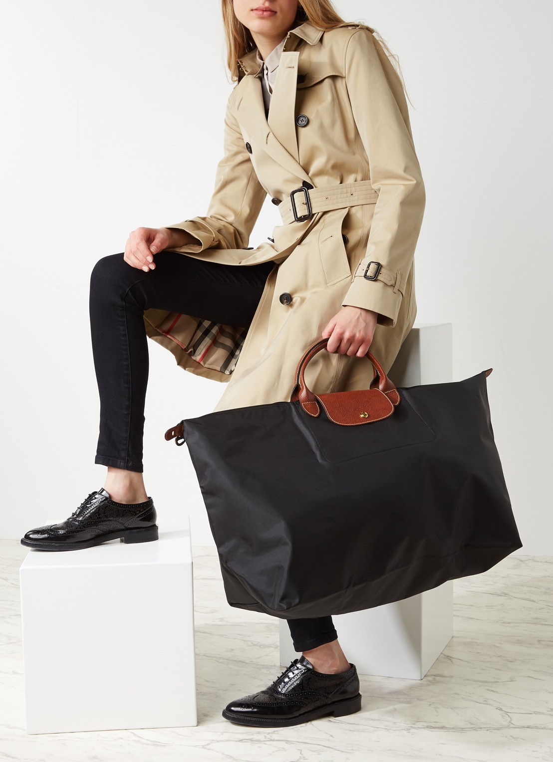 Longchamp Le Pliage Original reistas XL met leren details - voorkant 2 zwart