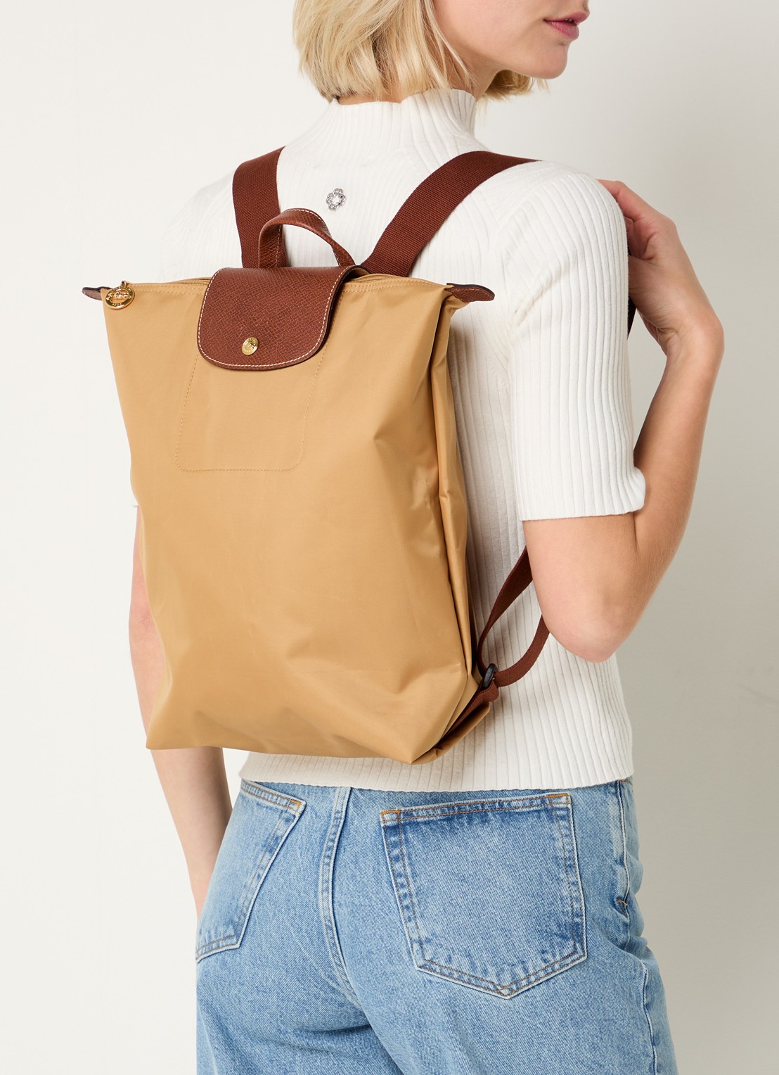 Longchamp Le Pliage Original rugzak M met leren details - voorkant 4 camel