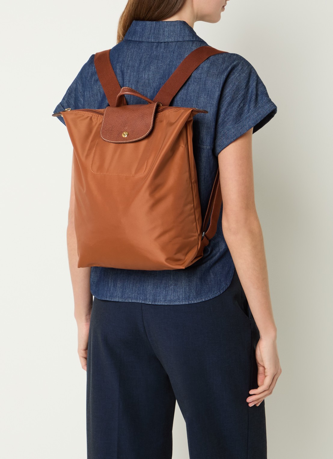 Longchamp Le Pliage Original rugzak M met leren details - voorkant 4 cognac