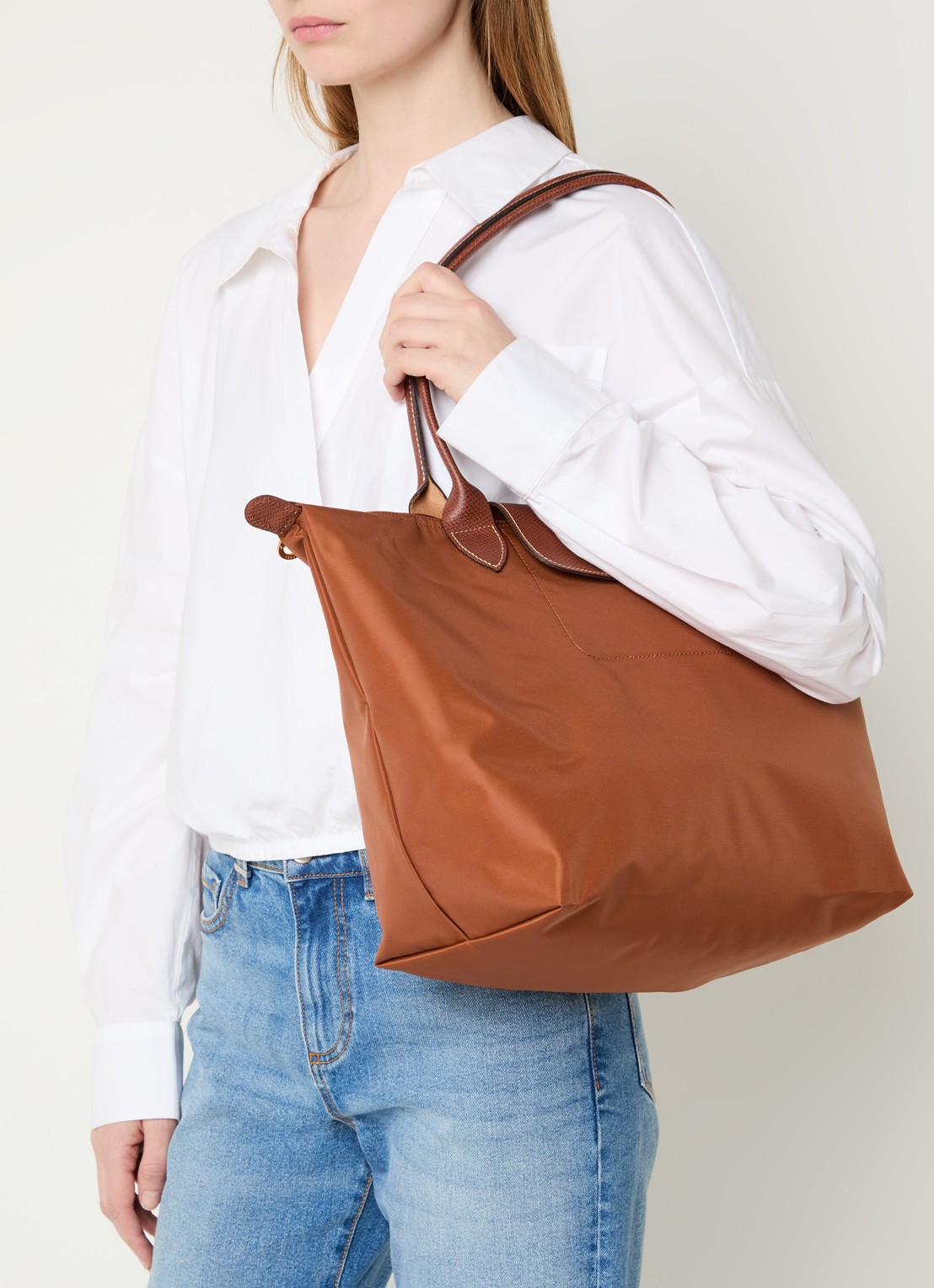 Longchamp Le Pliage Original schoudertas L met leren details - voorkant 2 cognac