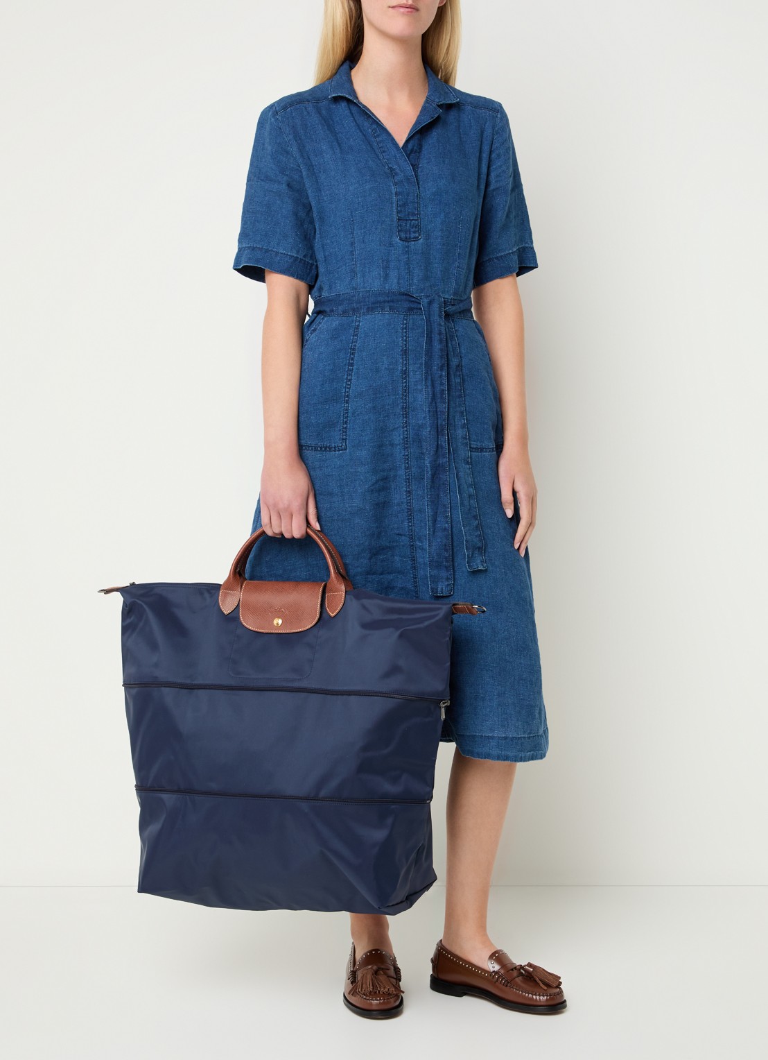 Longchamp Le Pliage reistas in maat verstelbaar met leren details - voorkant 7 donkerblauw